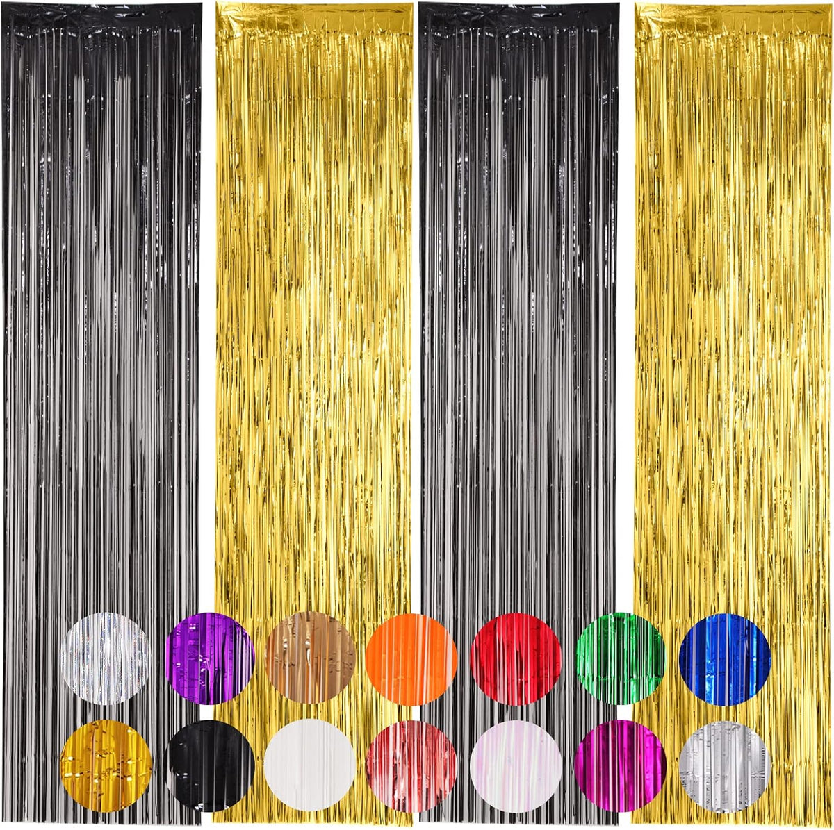 4 Pack Black and Gold Foil Fringe Backdrop Curtains, Tinsel Streamers Birthday Party Decorations