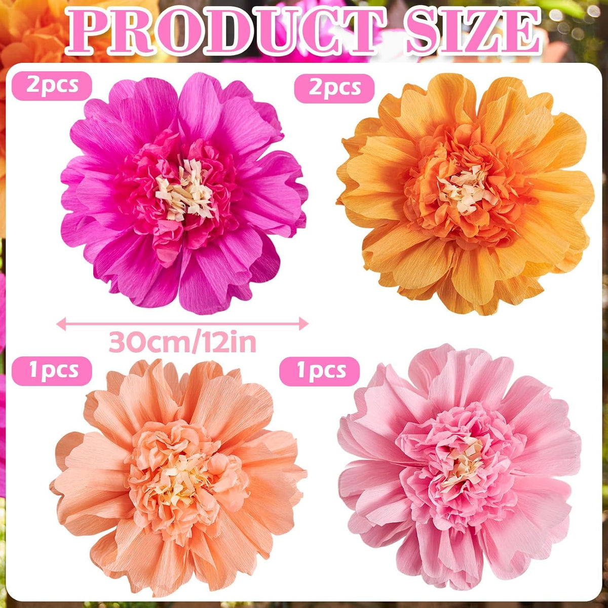 SUNBEAUTY 6 PCS Hot Pink and Orange Paper Flowers Decorations Crepe Paper Flowers 12 in Tissue