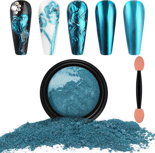 Artdone Chrome Nail Powder, Lake Blue Iridescent Aurora Powder Metallic Mirror Effect Pigment