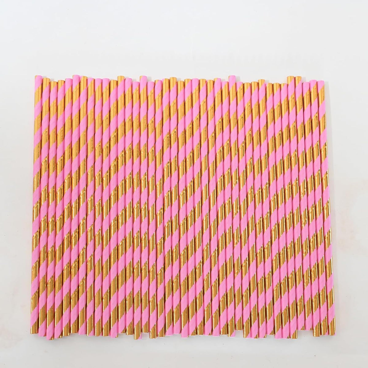 Paper Straws for drinking - Pink Gold Striped Biodegradable Disposable Paper Straws, 7.75 Inch, 100