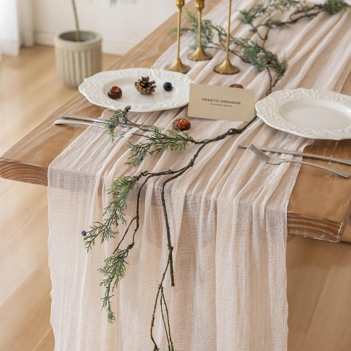 6Pcs Beige Gauze Rustic Cheesecloth Table Runner 120 Inch 10 FT for Wedding Baby Shower Bridal