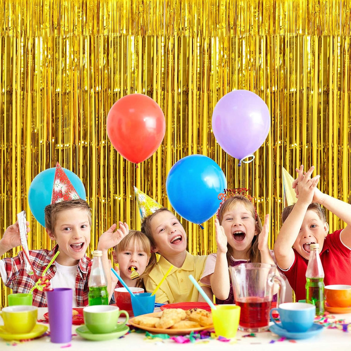 2 Pack Gold Fringe Curtains Foil Shiny Fringe Backdrop Tinsel Door Streamers Foil Curtains for