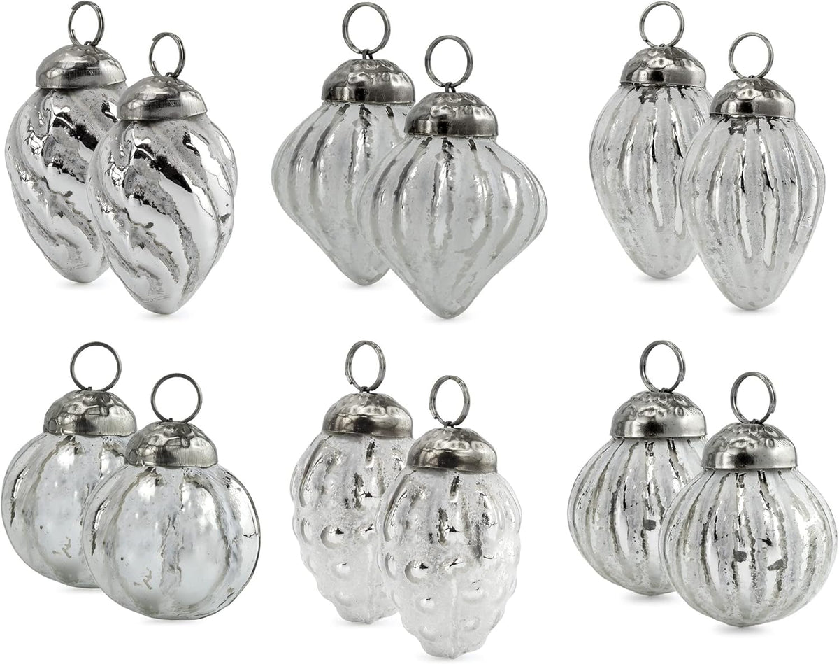 AuldHome Mercury Glass Finial Ornaments (Set of 12, Silver White, Small); Distressed Metal Antique