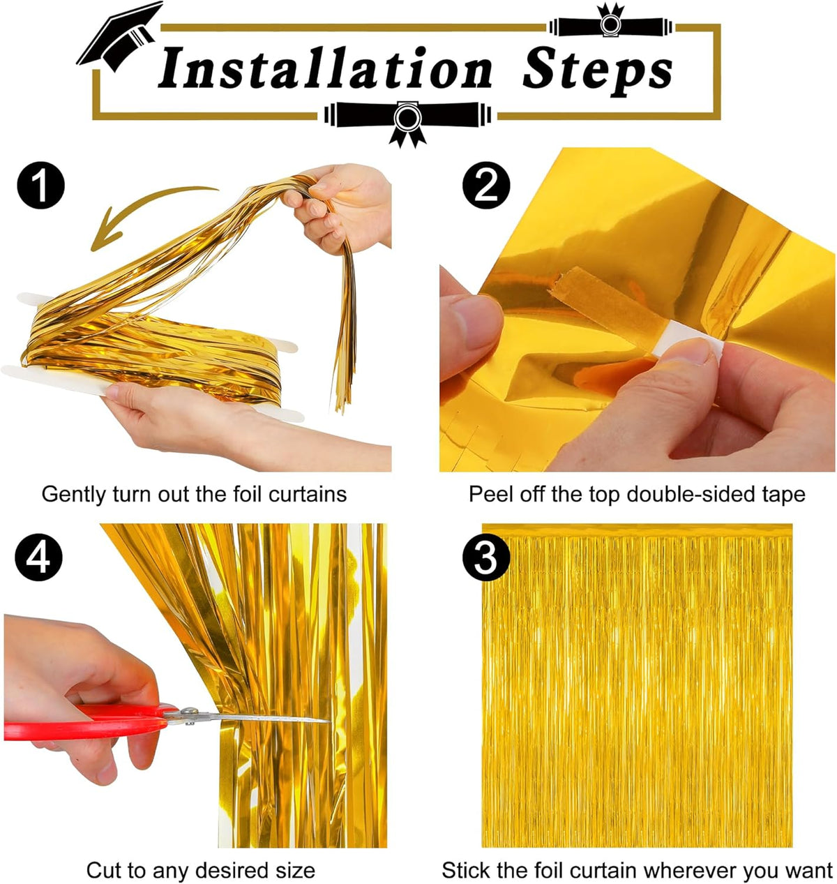 4 Pack 2025 Graduation Party Decorations, 3.28 x 7.05 Feet Gold Grad Curtains, Metallic Gold