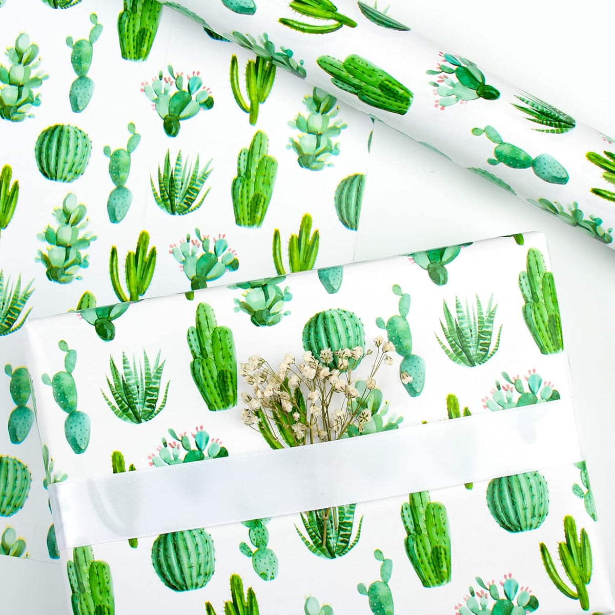 WRAPAHOLIC Reversible Cactus Wrapping Paper - Mini Roll - 17 Inch X 33 Feet - Watercolor Green