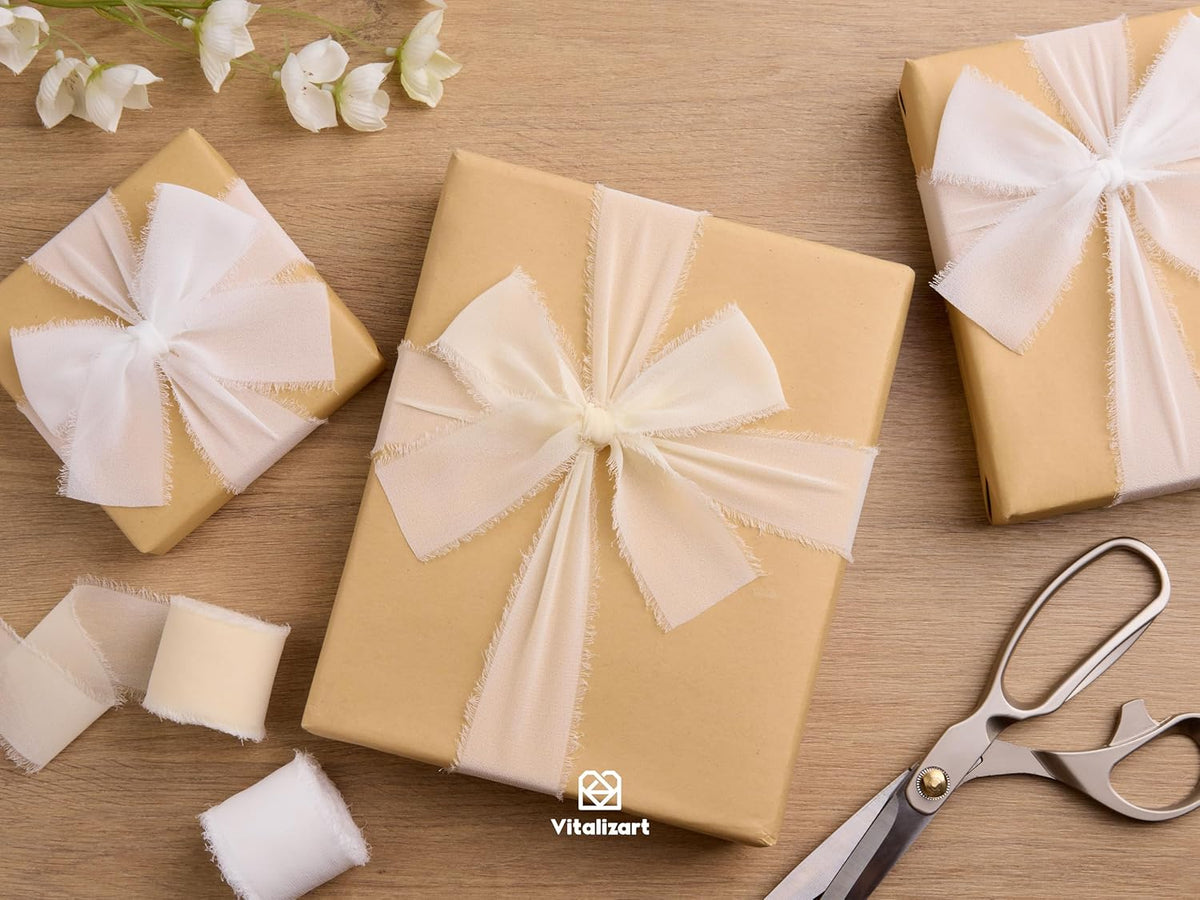 Vitalizart White Handmade Chiffon Silk Ribbon Fringe 1.5" x 21 Yd Frayed Edges Ribbons for Wedding