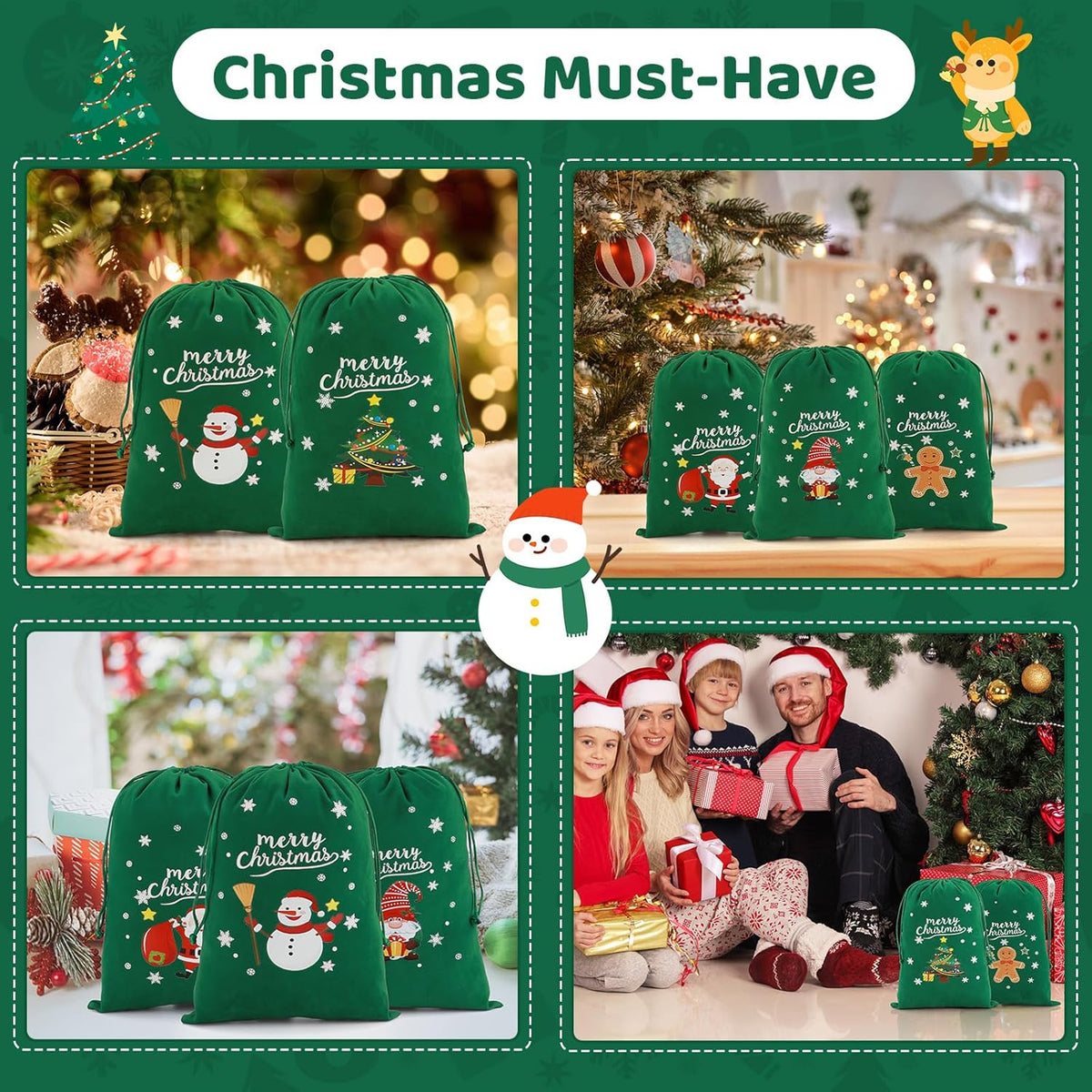 Tapleap Coth Christmas Bags with Drawstring - 50Pcs 7x10 Green Velvet for Small Bussiness Wrapping