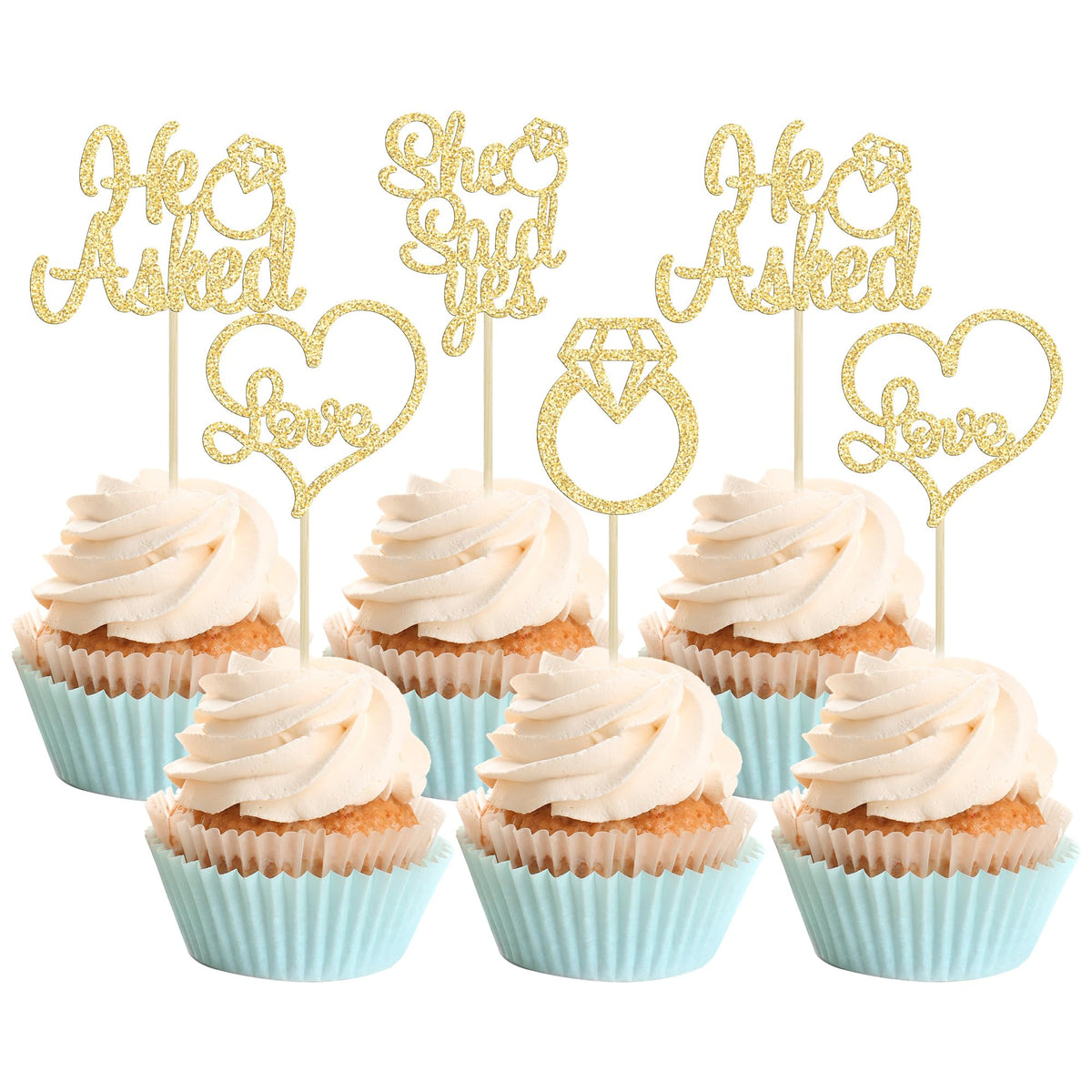 Gyufise He Asked She Said Yes Cupcake Toppers Gold Glitter Diamond Ring Heart Love Cake Picks for