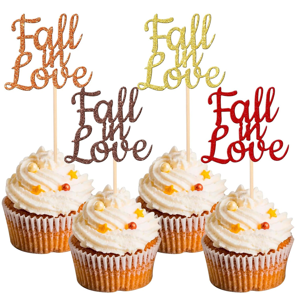 24 PCS Fall in Love Cupcake Toppers Glitter Fall Theme Bridal Shower Cupcake Picks for Autumn