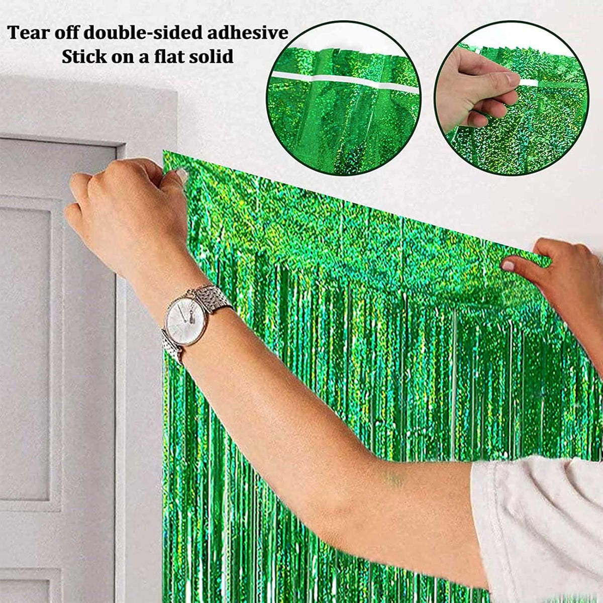 4 Pack Green Foil Fringe Curtain Backdrop, 3.3Ft x 9.8Ft Metallic Tinsel Foil Fringe Streamers