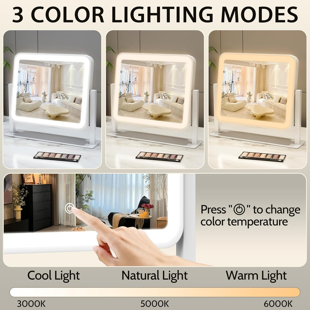 14"x12"Vanity Mirror, Lighted Makeup Mirror for Vanity Desk, Smart Touch Control, 360° Rotation