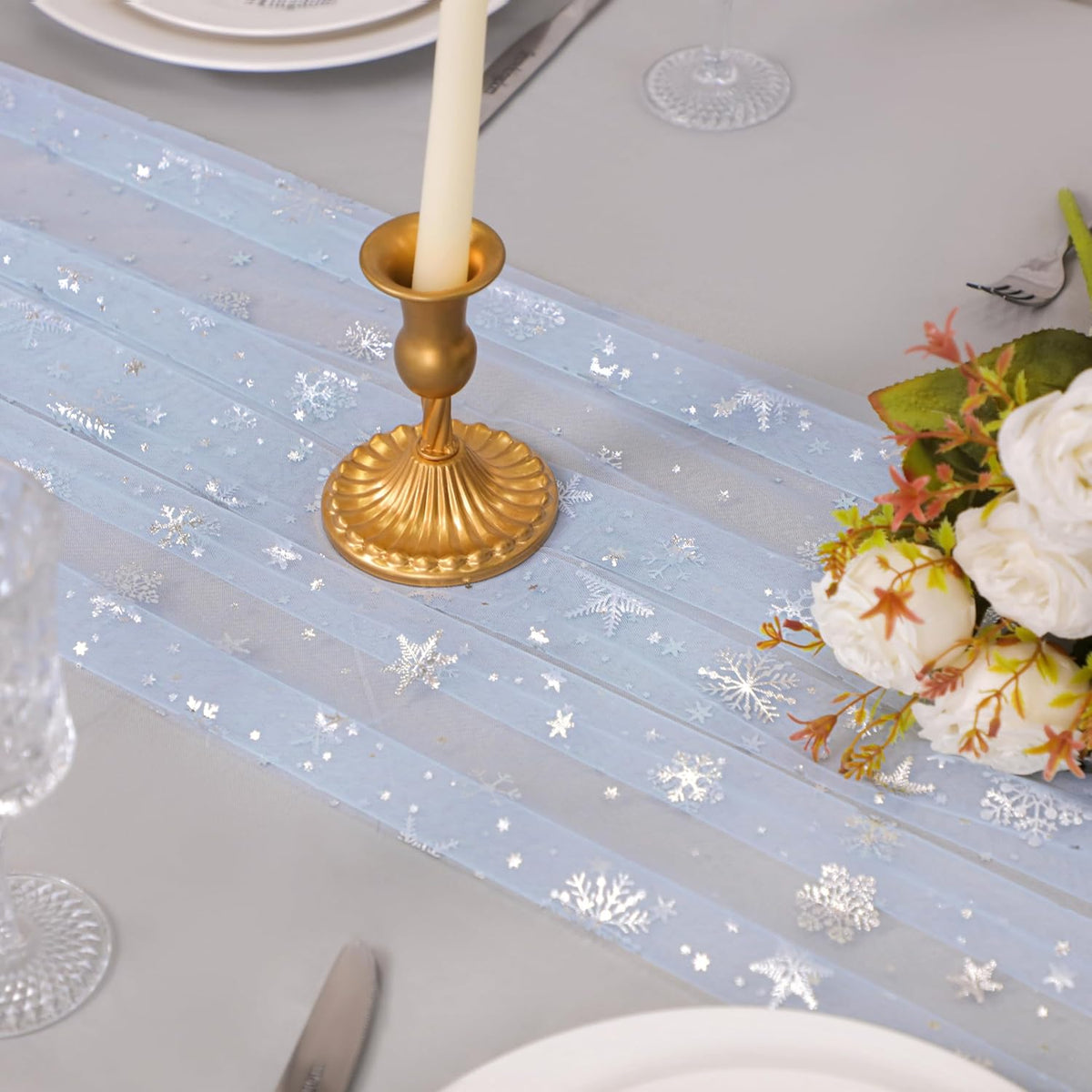 Snowkingdom Silver Snowflake Christmas Table Runner, 10ft Blue Cheesecloth Gauze Sheer Chiffon 120