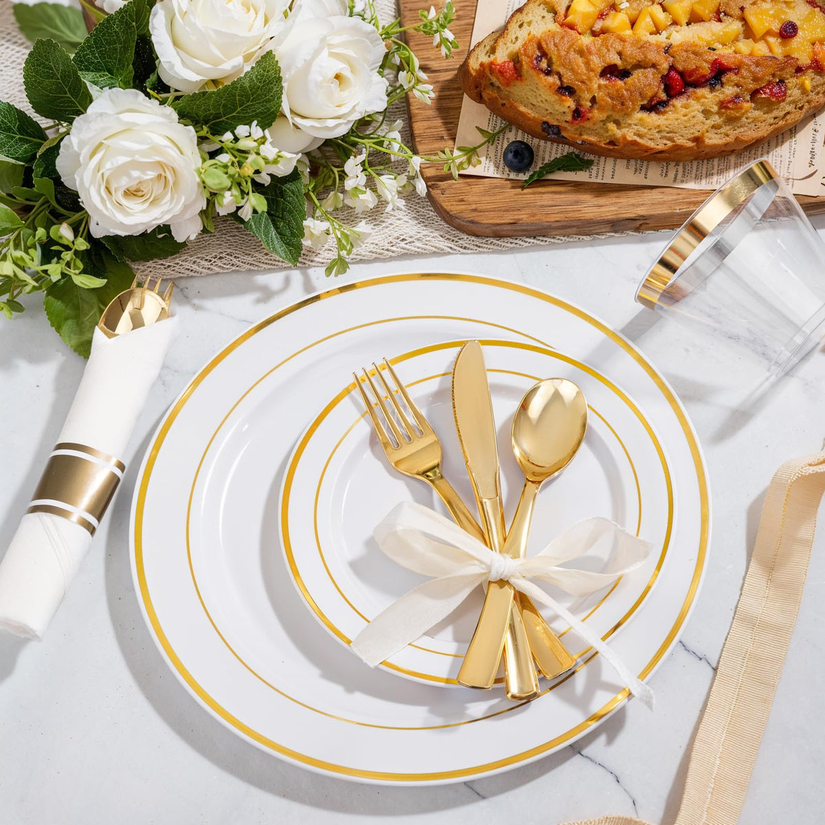 WELLIFE 350-Piece Gold Disposable Plates and Cutlery Set - Premium 10.25" Dinner Plates, 7.5"