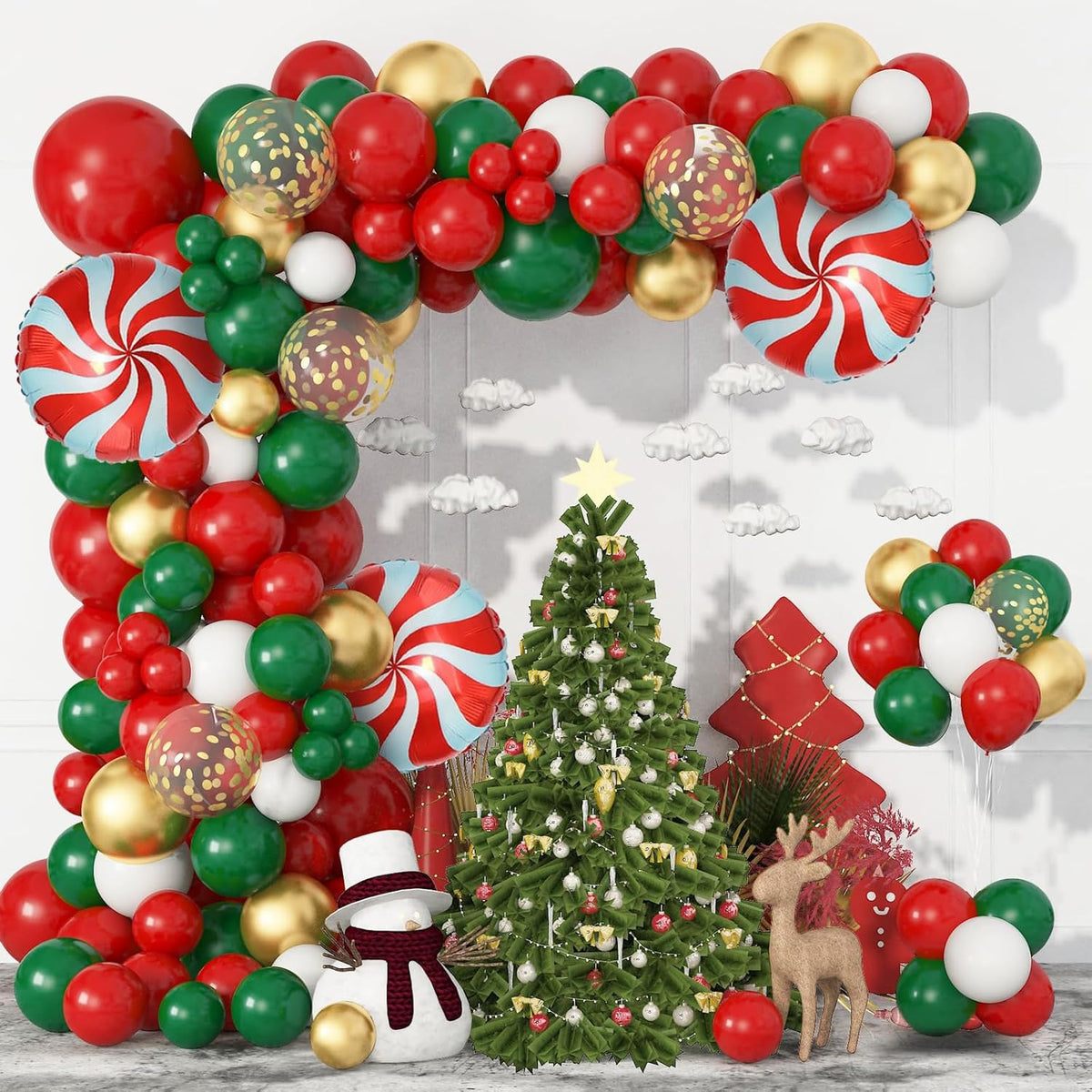 Christmas Red Green Gold Balloons Set, 60Pcs 12 Inch Red Green White Metallic Gold Confetti Latex