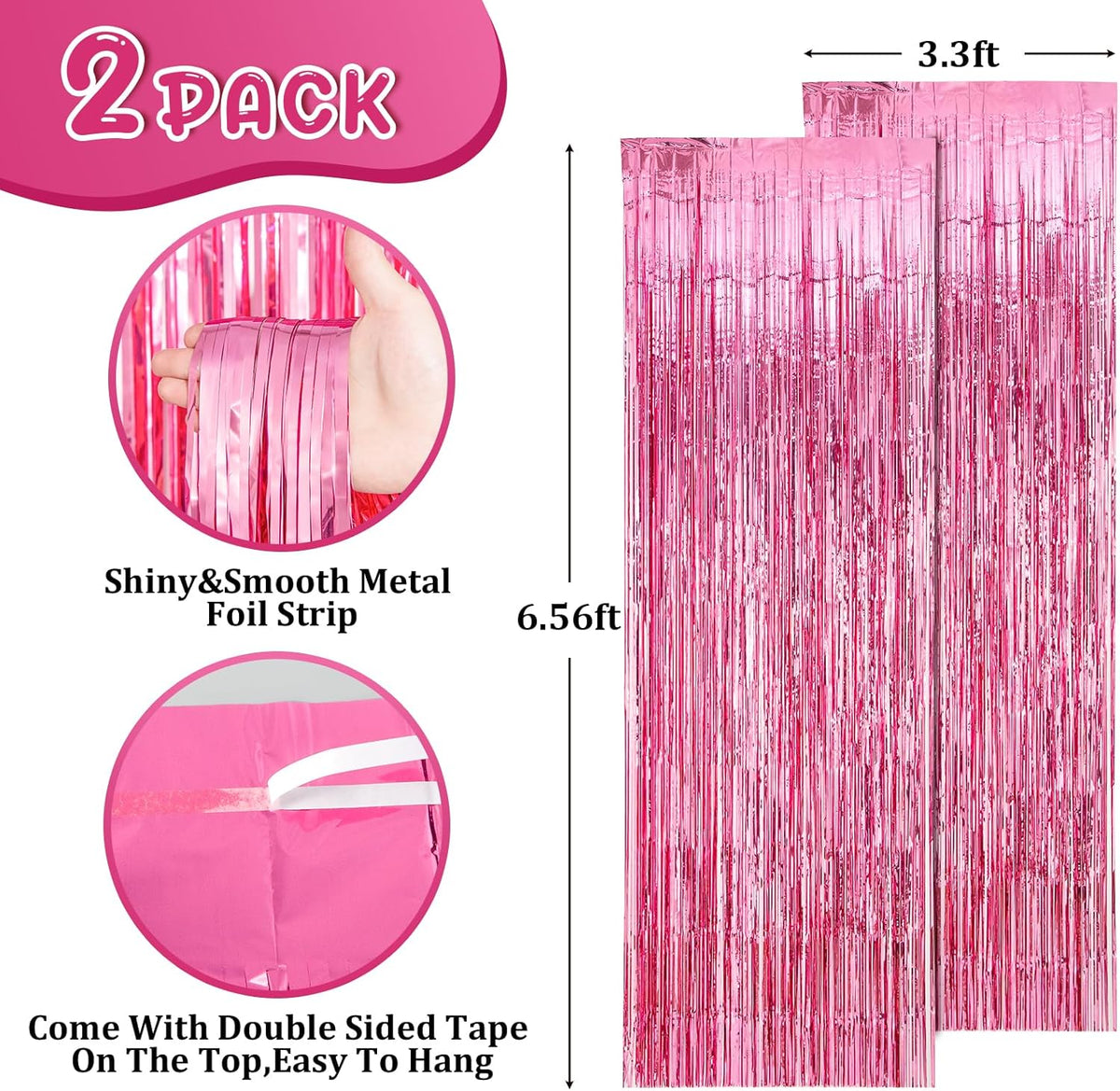 2 Pack Pink Tinsel Foil Fringe Curtains, Pink Party Decorations, Metallic Tinsel Party Streamers