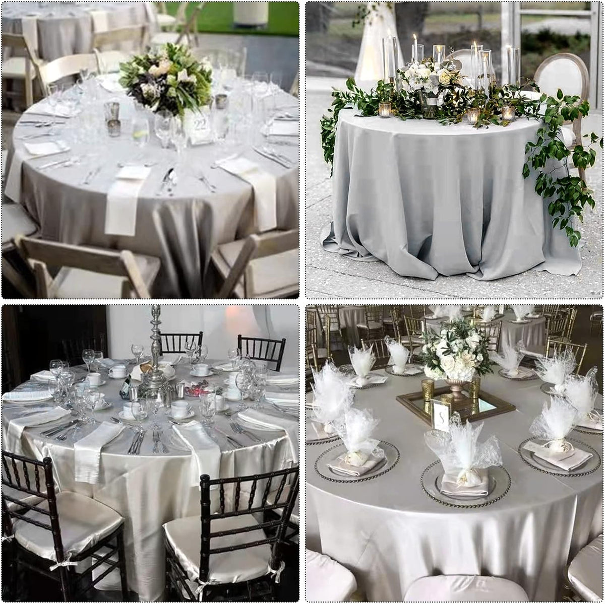 fani 6 Pack 120 Inch Sliver Round Tablecloth - Premium Silky Satin Tablecloth Overlay Smooth Fabric