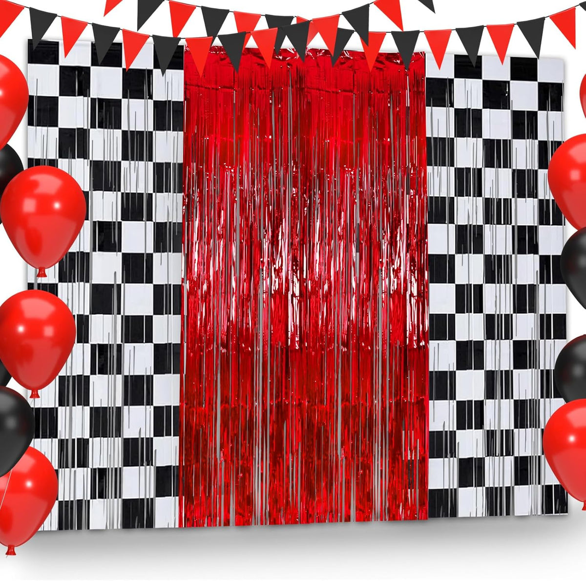 3 Pcs Racing Cars Foil Fringe Curtain Red Black White Checkered Photo Booth Props Tinsel Streamer