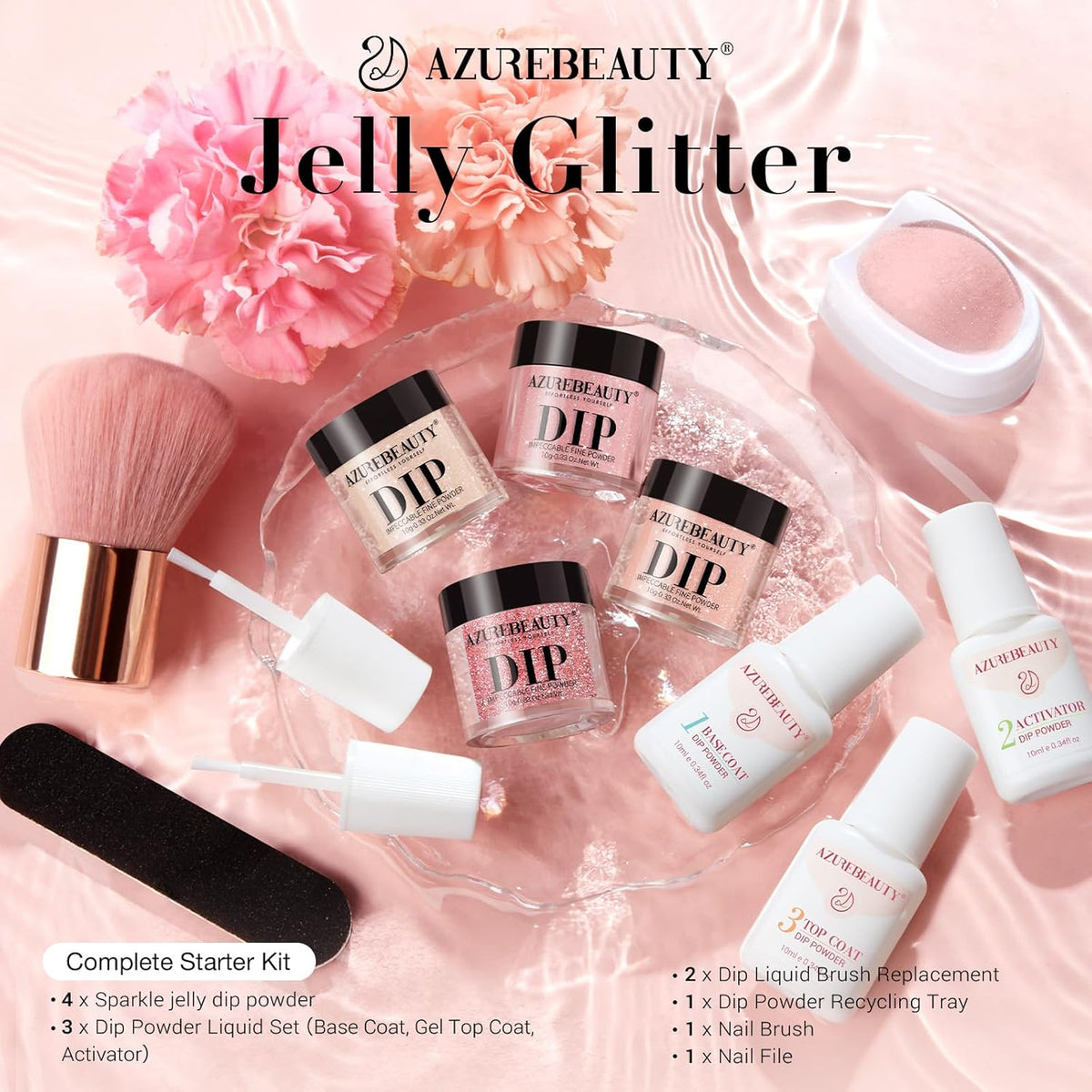 AZUREBEAUTY Jelly Dip Powder Nail Kit, Transparent Glitter Nude Pink Sheer Peach Neutral 4 Colors