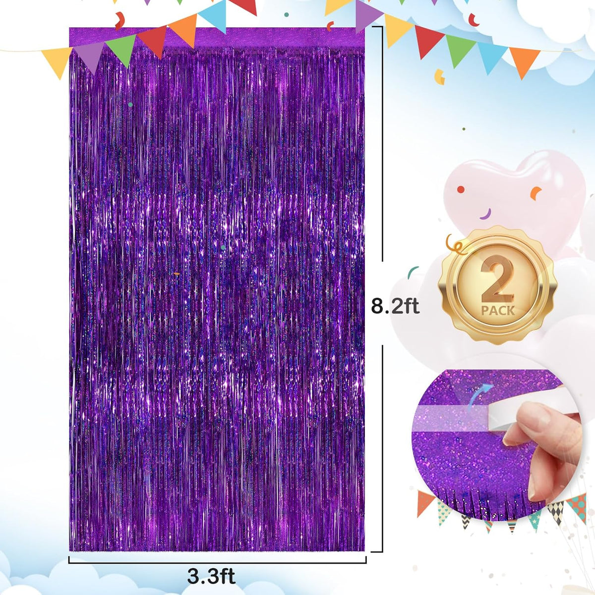 2 Pack Purple Metallic Tinsel Foil Fringe Curtains, Purple Streamers 3.3 x 8.3ft Party Streamers