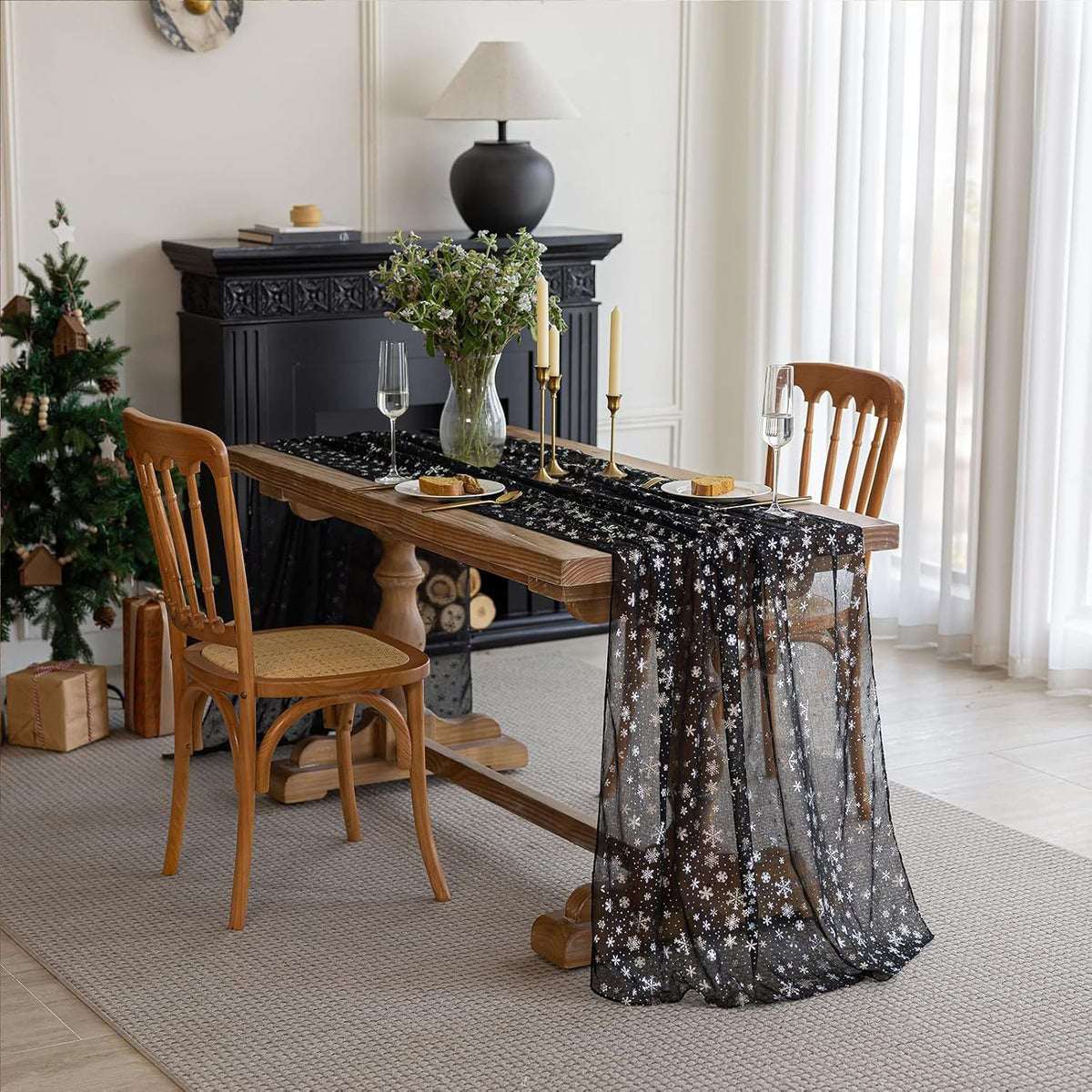 Silvery Snowflake Metallic Print Tulle Christmas Table Runner, Seasonal Winter Kitchen Dining Table