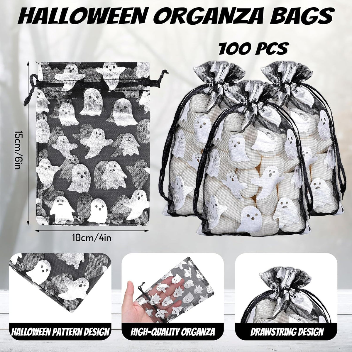 Whaline 100Pcs Halloween Organza Drawstring Bags Cute Foil Silver Ghost Jewelry Gift Bag 4''x6''
