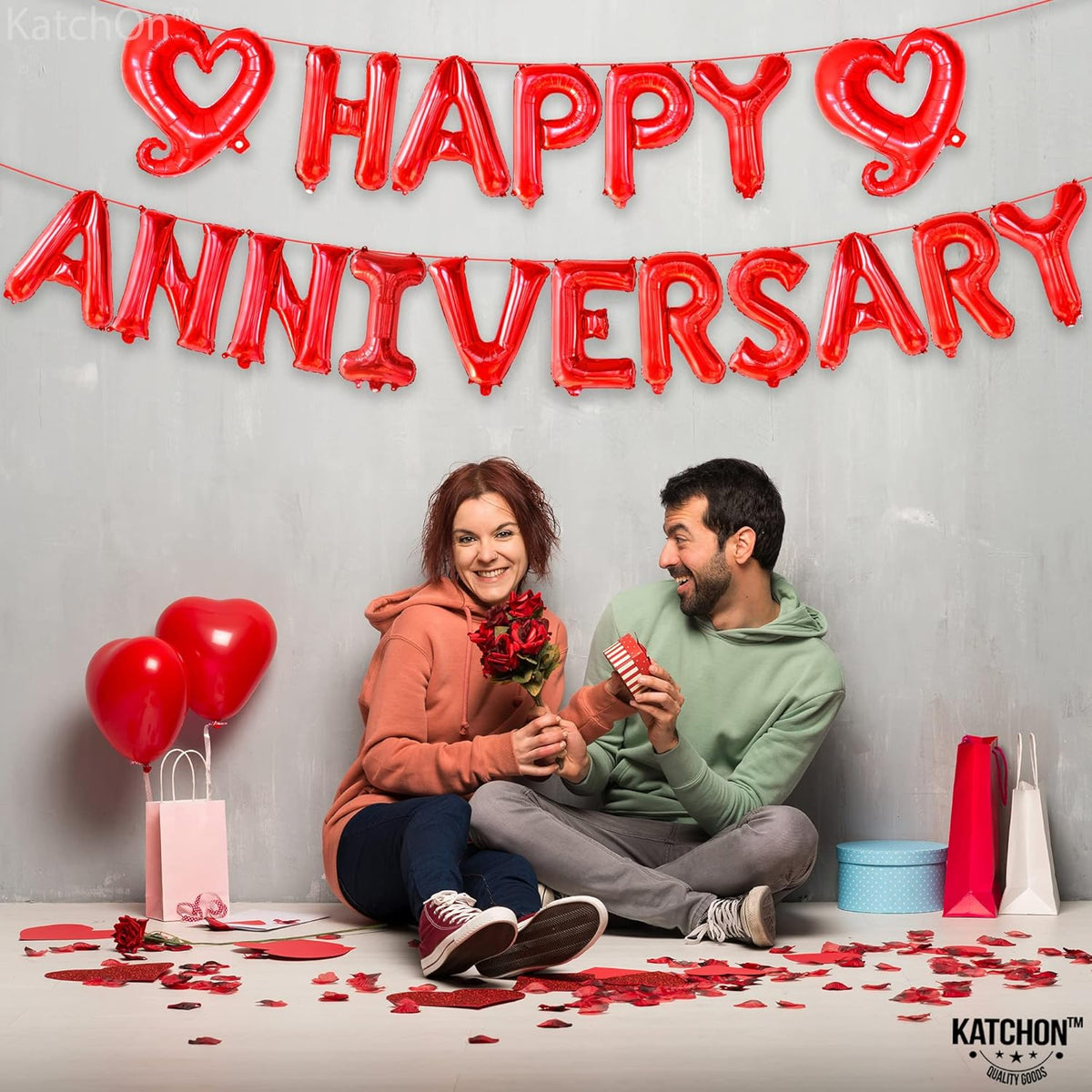 KatchOn 18 Inch Happy Anniversary Balloons Letters - Big Red Banner for Decorations | Heart