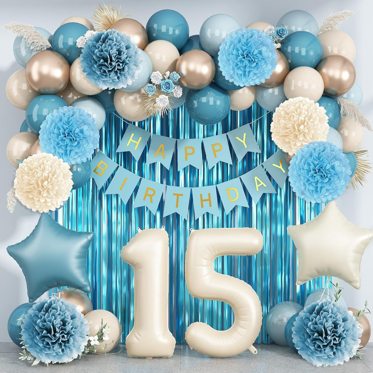 Dusty Blue 15th Birthday Party Decorations Boys Girls Beige Cream Number 15 Balloon with Blue Gold