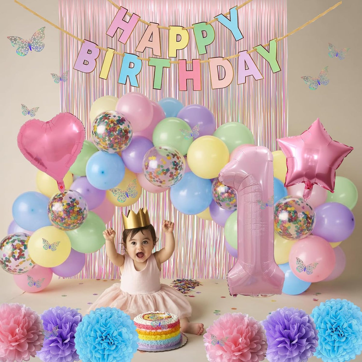 Pastel 1st Birthday Party Decorations for Girls Number 1 Balloon Happy Birthday Banner Butterfly