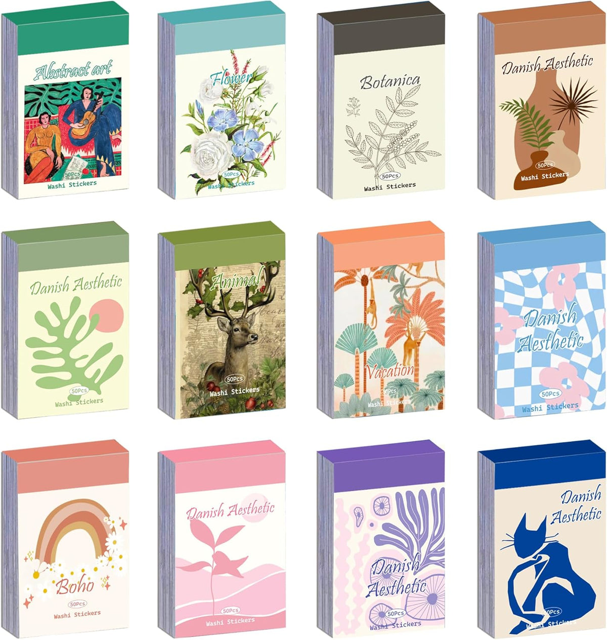 12 Sets 600 Sheets Washi Stickers for Journaling, Boho, Abstract, Vintage Scrapbook Sticker Set for