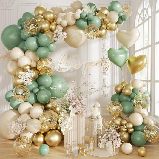 160Pcs Sage Green Gold Balloon Garland Arch Kit, Olive Green White Sand Gold Confetti Balloon with