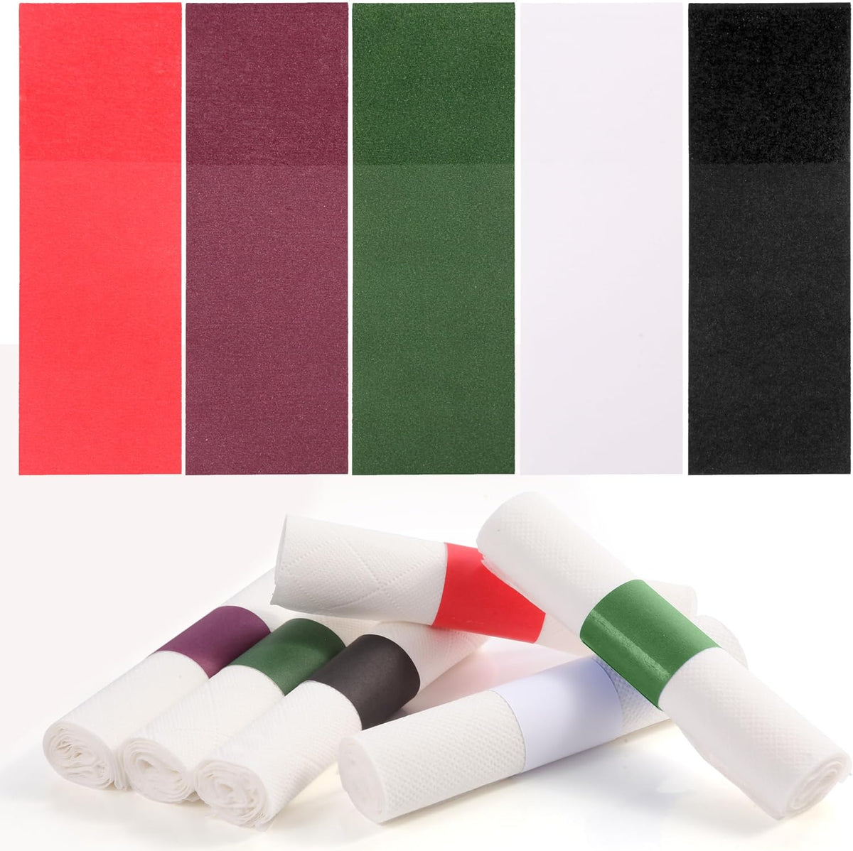 2500pcs Self-Adhesive Napkin Bands & Silverware Wraps, 5 Colors (Burgundy/Red/White/Black/Hunter