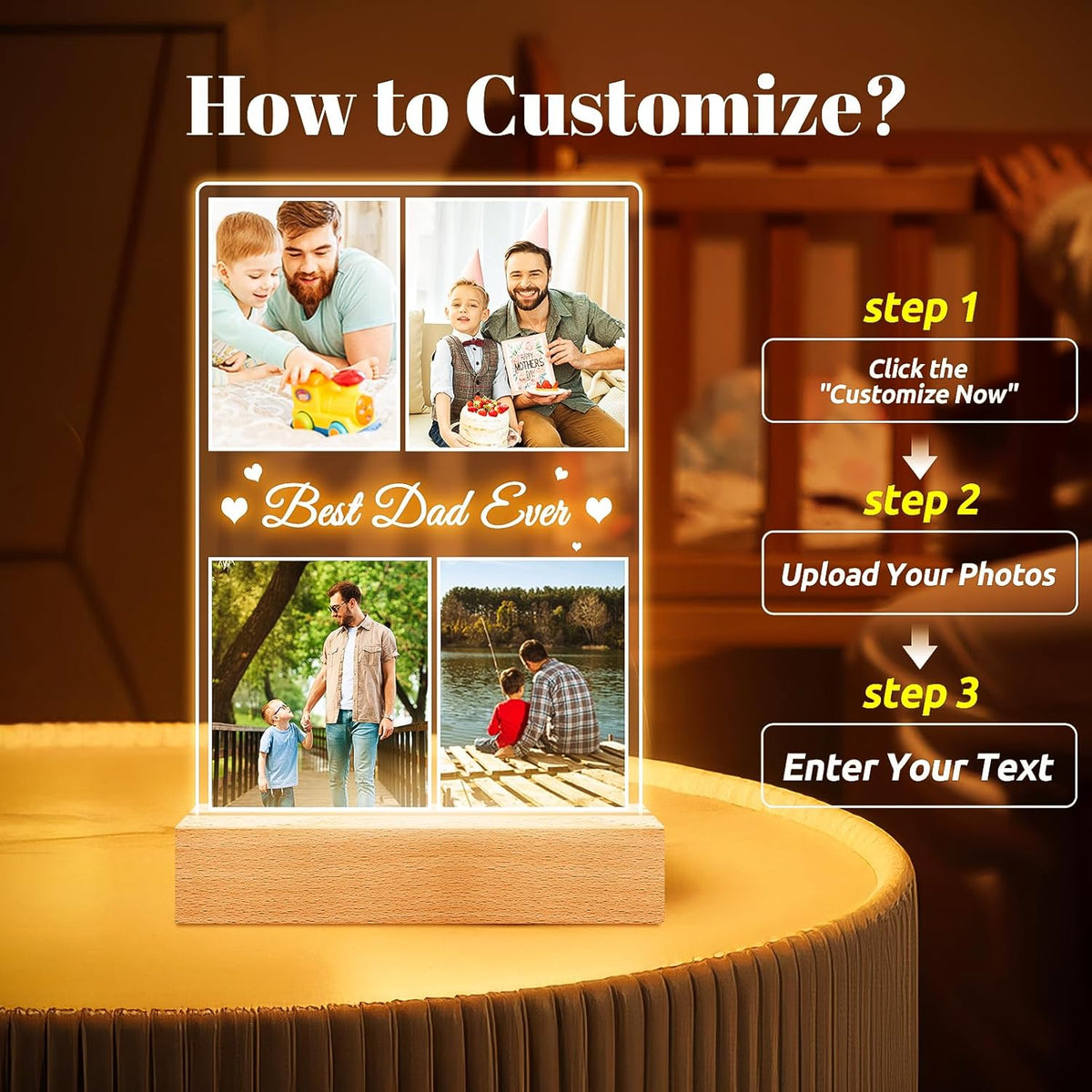 Best Dad Ever Gifts, Custom Collage Picture Frames with Night Light, Customized Acrylic Plaque