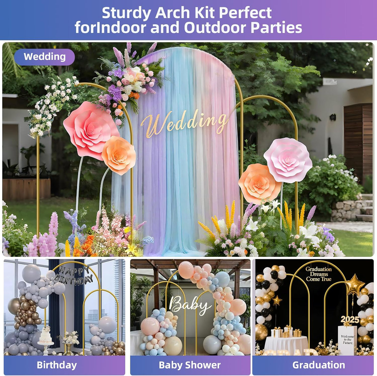 HEMMOTOP Metal Arch Backdrop Stand, Set of 3 (7.2ft / 6.6ft / 6ft) Wedding Arch Stand for Party