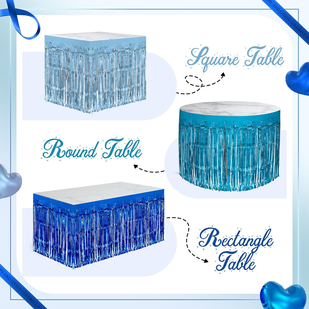3 Pack Blue Series Table Skirts, 29x108" Metallic Foil Tinsel Fringe Table Skirt for Rectangle