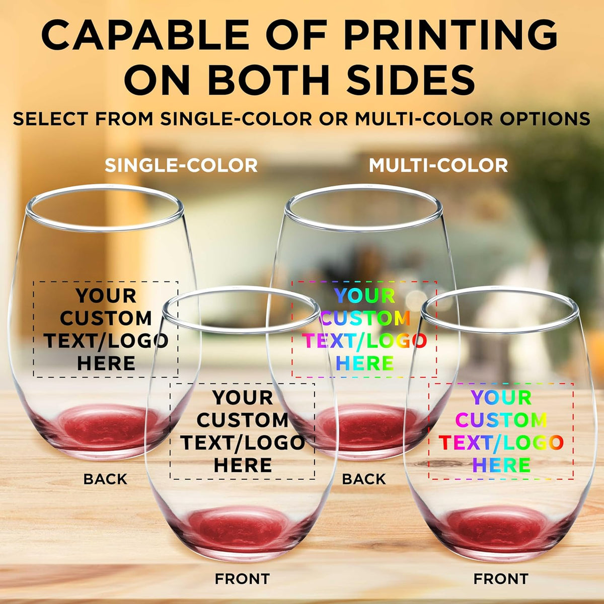 Custom Stemless Wine Glass 9 oz. Set of 100, Personalized Bulk Pack - Great for Wedding Favors