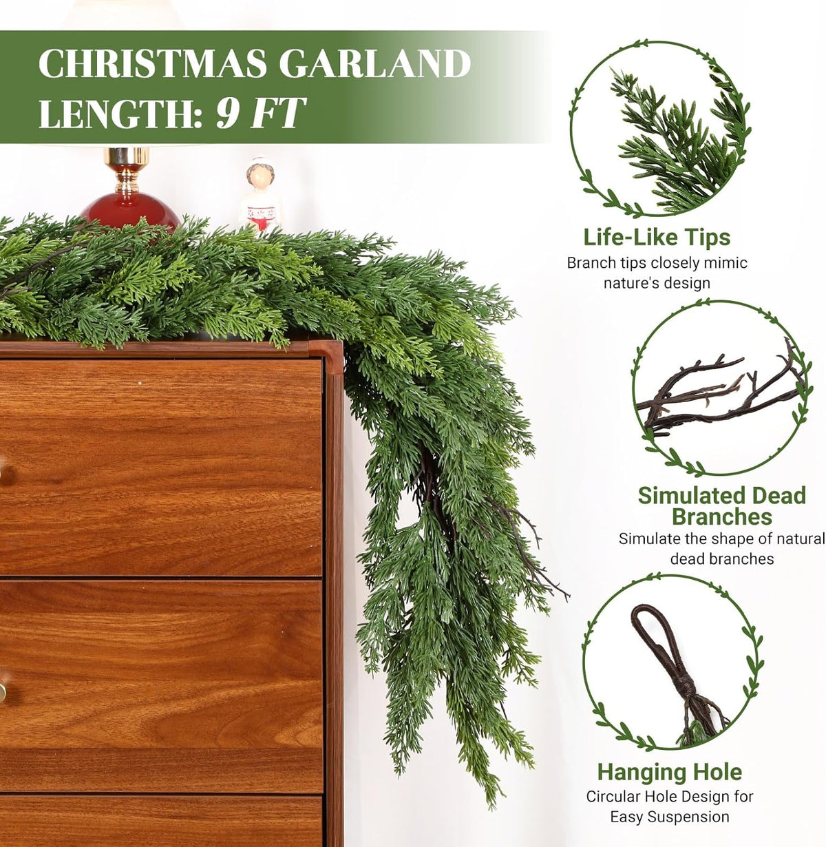 Alupssuc 9FT Christmas Garland, Cedar Garland -Real Touch Artificial Greenery Cypress Pine Garland
