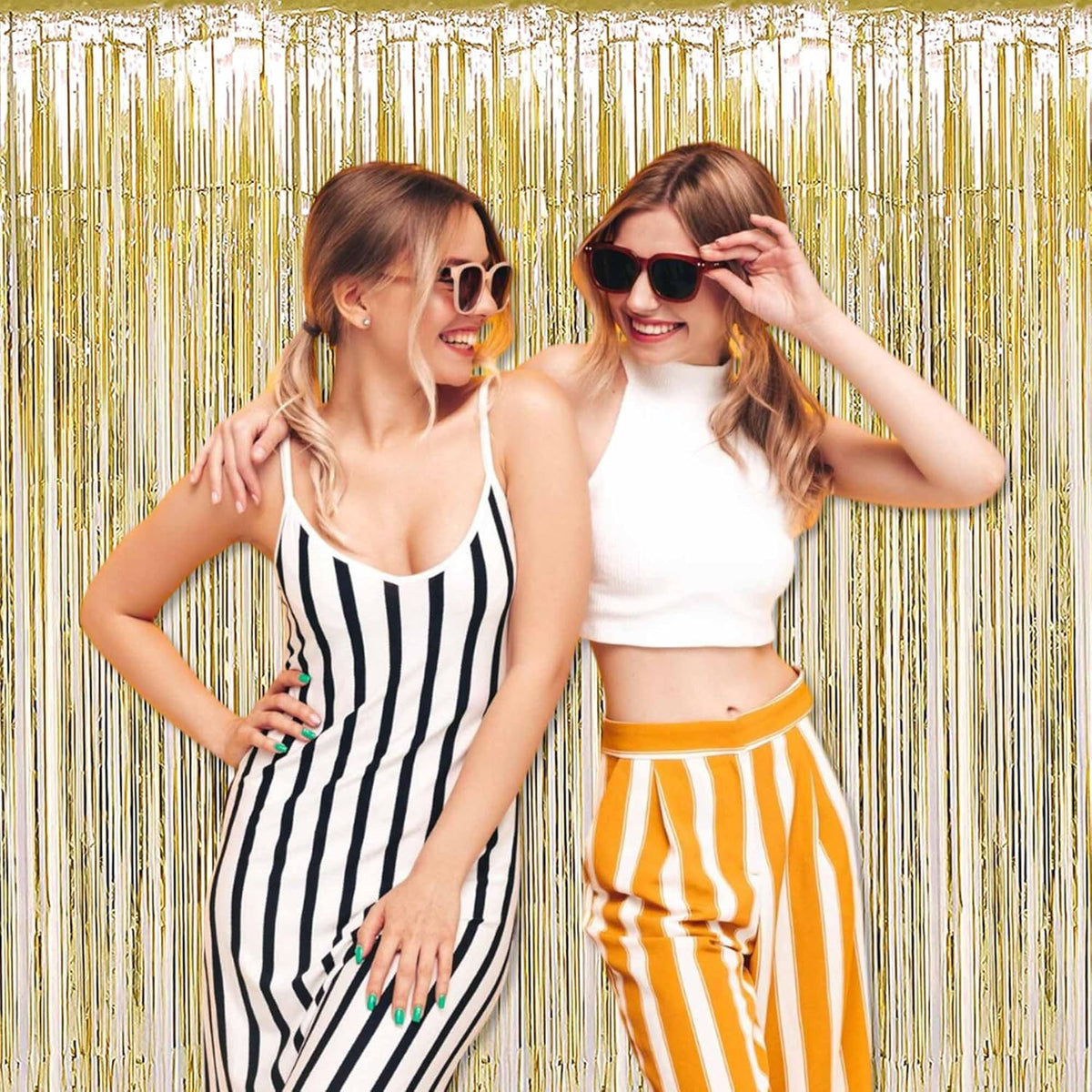 3 Pack Light Gold Foil Fringe Curtains Backdrop, 3.28 x 9.8 Ft Metallic Streamers Tinsel Curtains