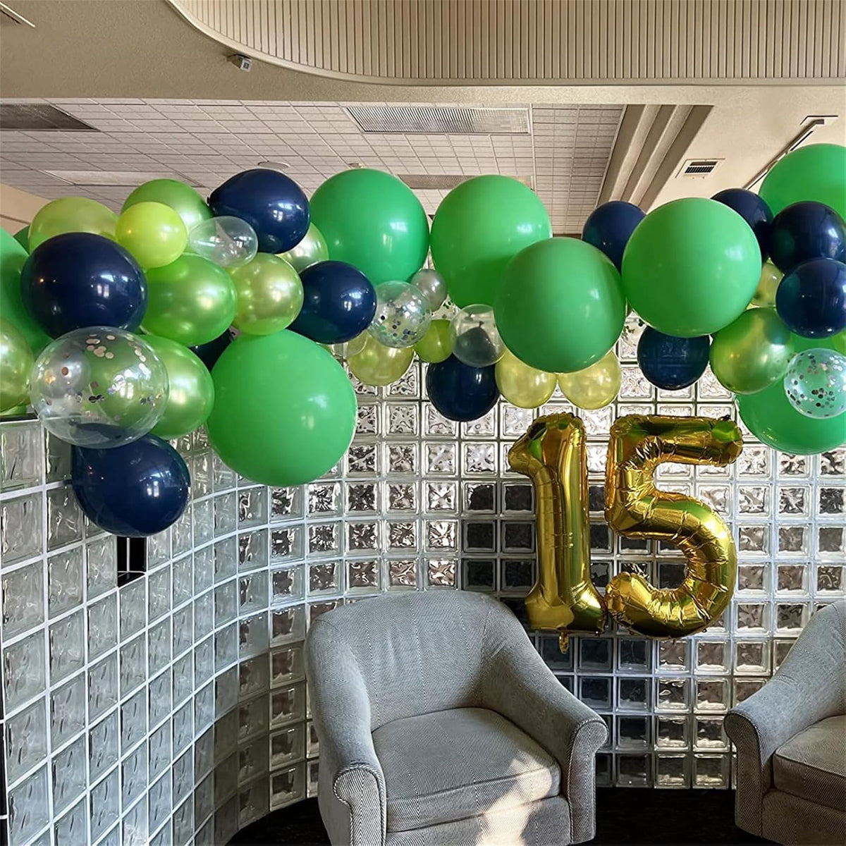 60 Pcs Navy Blue Matte Light Green Silver Latex Party Balloons with Green Silver Confetti for