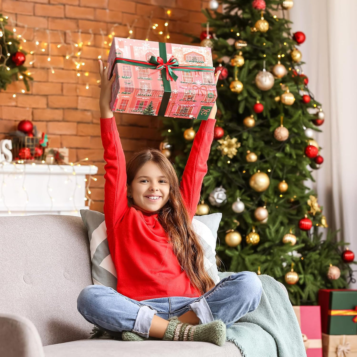 LeZakaa Pink Christmas Wrapping Paper Roll for Girls Kids, Winter Street Scene Romantic Townhouse