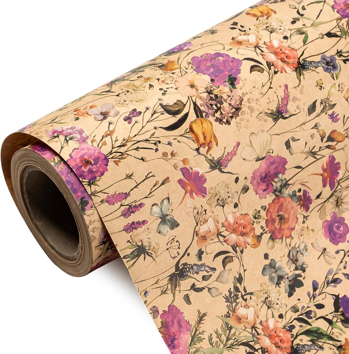 WRAPAHOLIC Kraft Floral Wrapping Paper Roll - Mini Roll - 17 Inch x 16.5 Feet - Garden Wildflower