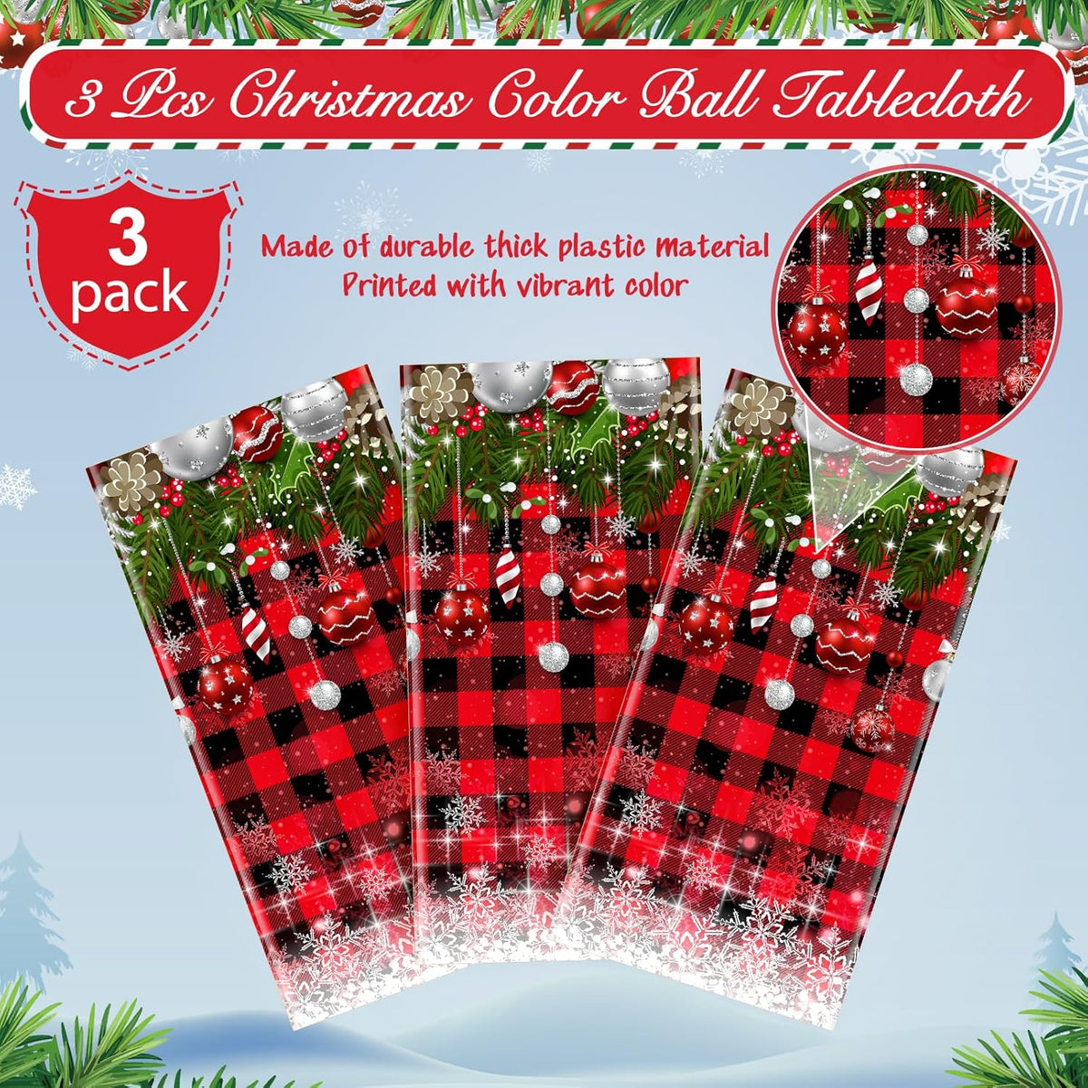 3Pcs Christmas Buffalo Plaid Snowflake Tablecloths,Plastic Red and Black Checkered Rectangle