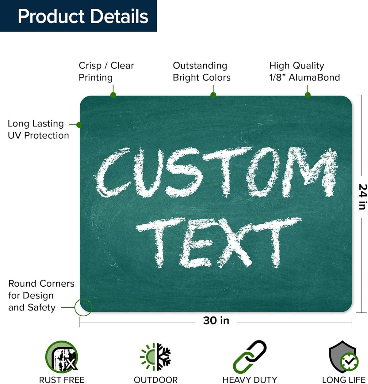 Custom Sign, Custom Street Sign, 11 Font Colors, 13 Font Styles, 4 Hole Options, 22 Sizes, 24x30
