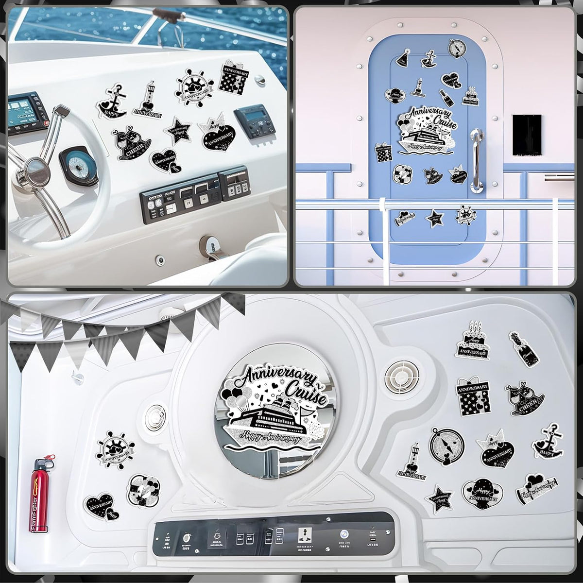 Happy Anniversary Cruise Door Magnets Decorations,Black Silver Happy Anniversary Cruise Ship Door