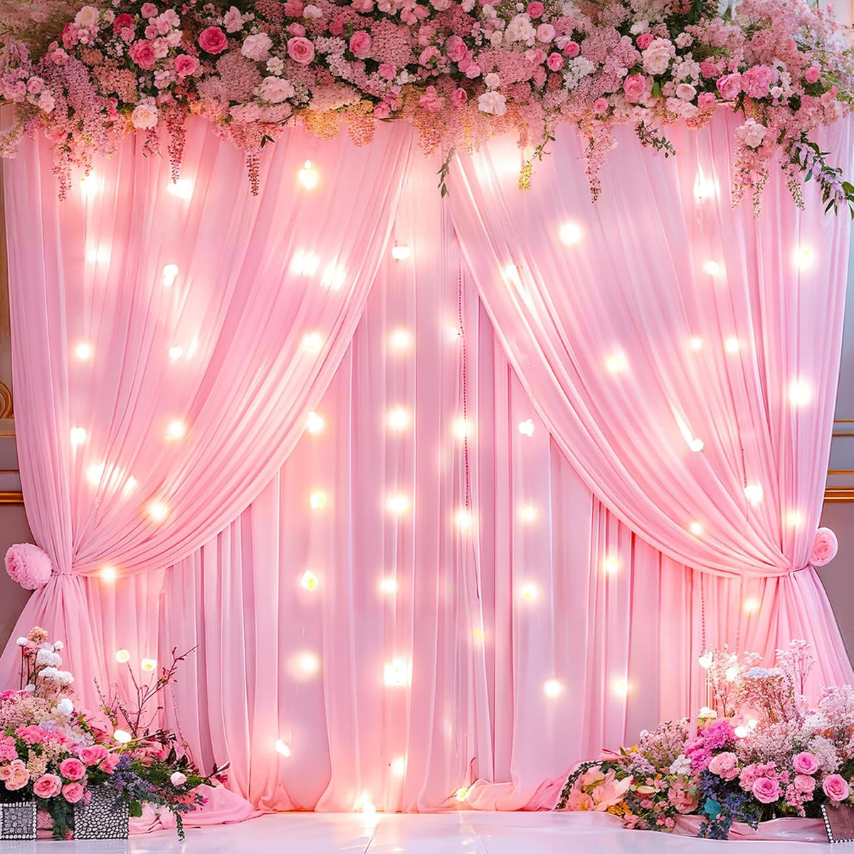 Pink Backdrop Curtains with Lights for Parties,10x10FT Wrinkle Free Polyester Wedding Photo