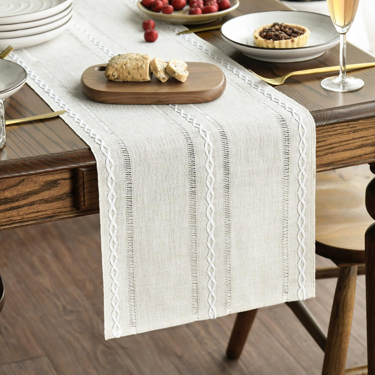 Artoid Mode Beige Rustic Cotton Linen Table Runner, Seasonal Embroidered Hollow Kitchen Dining