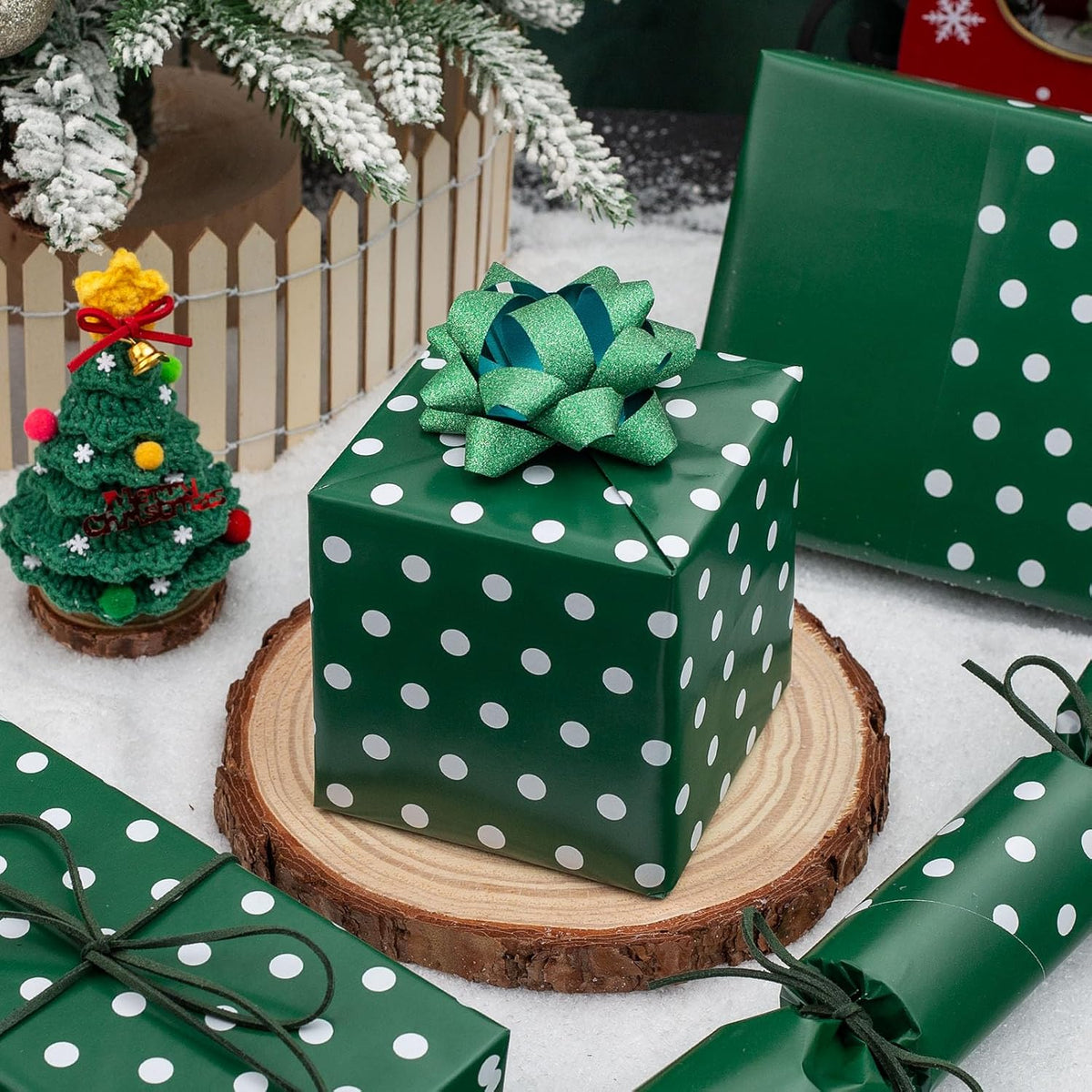 Flyhill Green Wrapping Paper Roll,Reversible Gift Wrap Paper with Polka Dot Design for