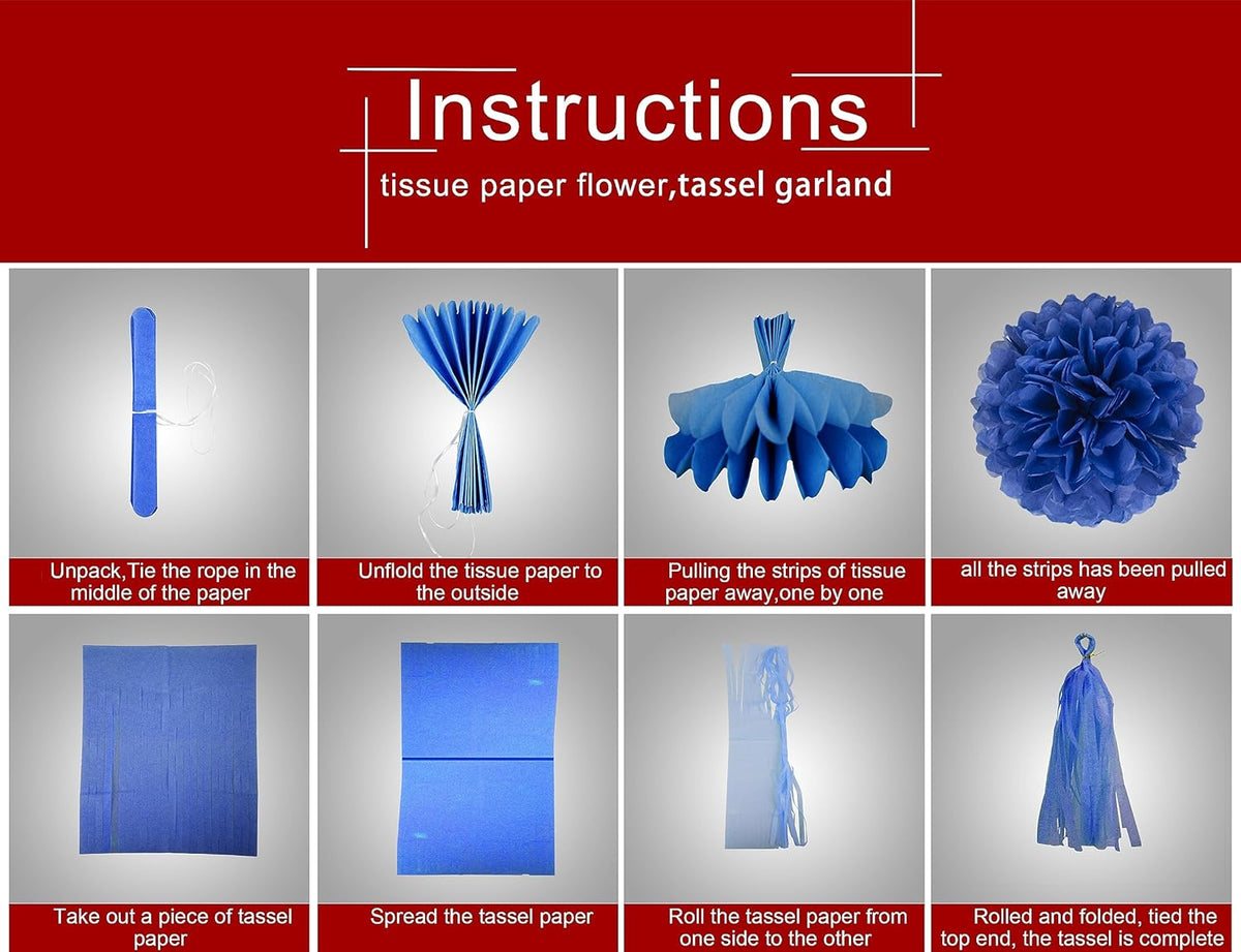 Red White Blue Party Decorations - 23pcs Tissue Paper Flower Pom Poms Tassel Garland Pennant Banner
