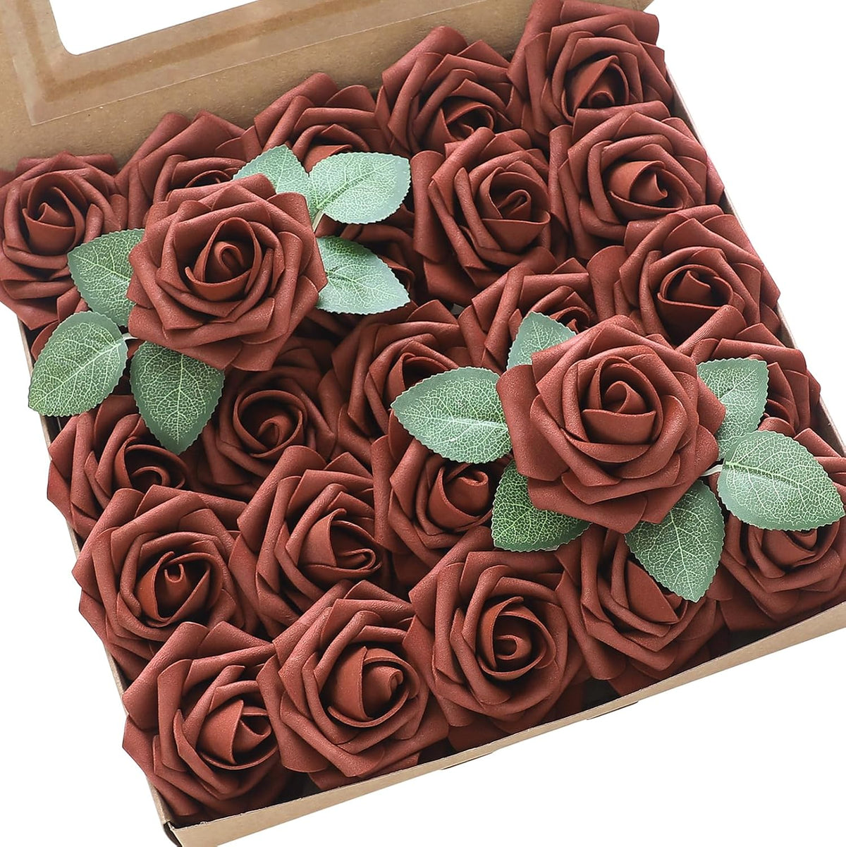 Floroom Artificial Flowers 25pcs Real Looking Terracotta Foam Fake Roses with Stems for DIY Wedding