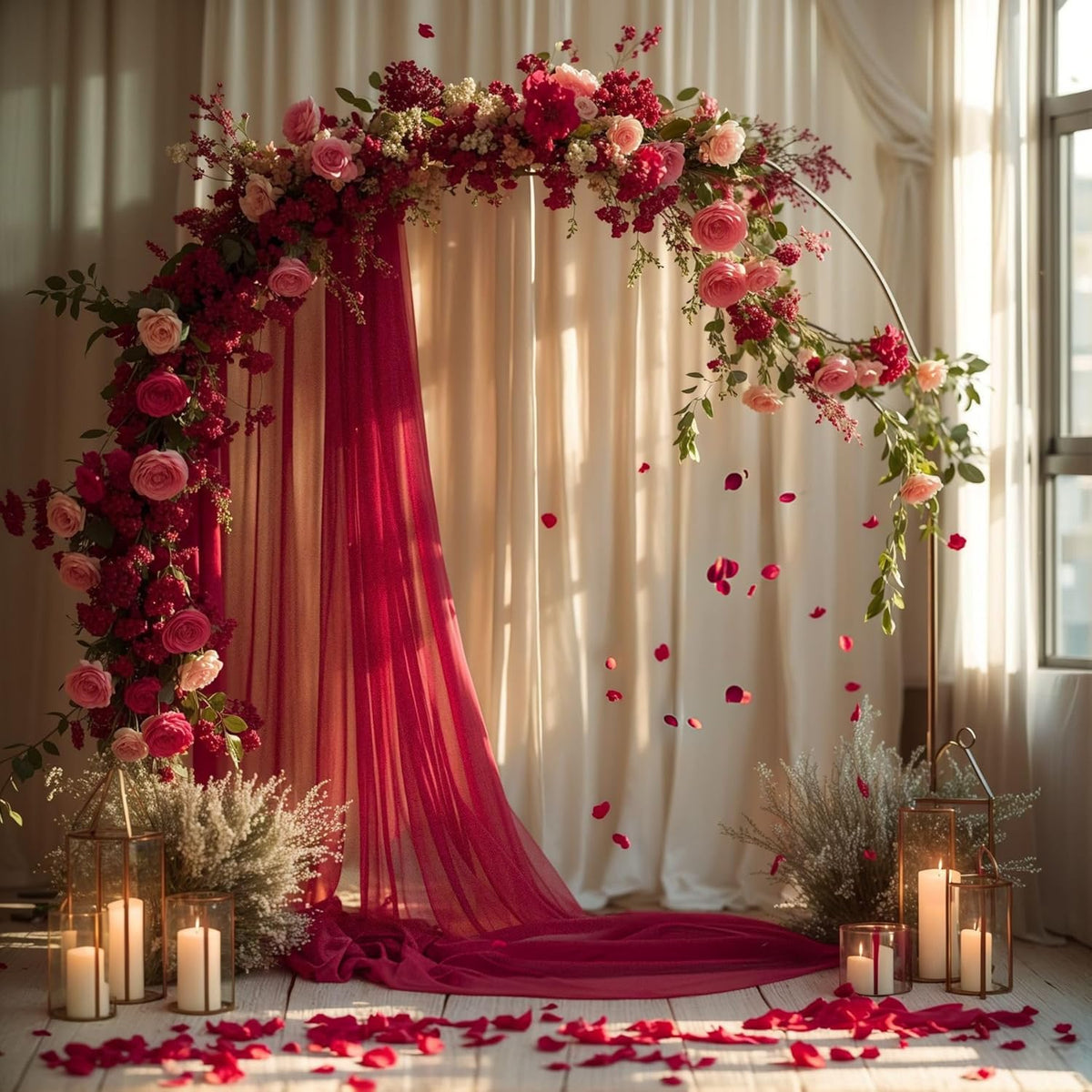 PARTISKY Wedding Arch Draping Fabric, 2 Panels Burgundy Sheer Backdrop Curtain Tulle Fabric Drapery