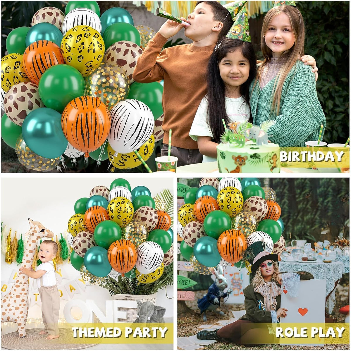 Jungle Safari Balloons, 50 Pcs Animal Print Balloons, 12 Inch Dark Metallic Green Gold Confetti